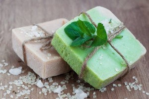 Natural handmade herbal soap with green mint leaves