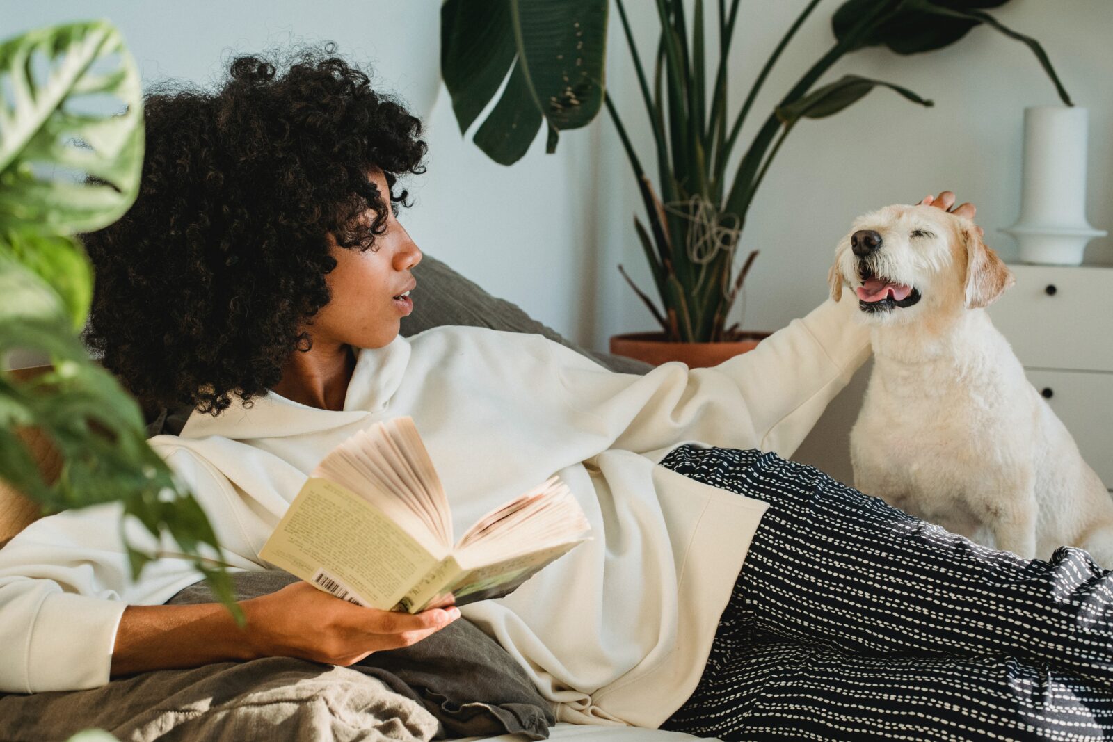 Mujer leyendo un perro acariciando un libro